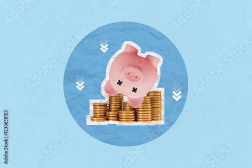 Crisis, recession, finance, loss concept. Creative art collage of piggy bank upside down with coins stack Indicate the financial crisis