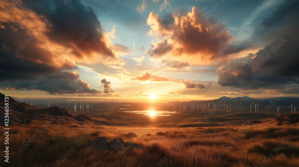 Colorful sunset over a landscape with wind turbines near a serene lake Colorful sunset over a landscape with wind turbines near a serene lake