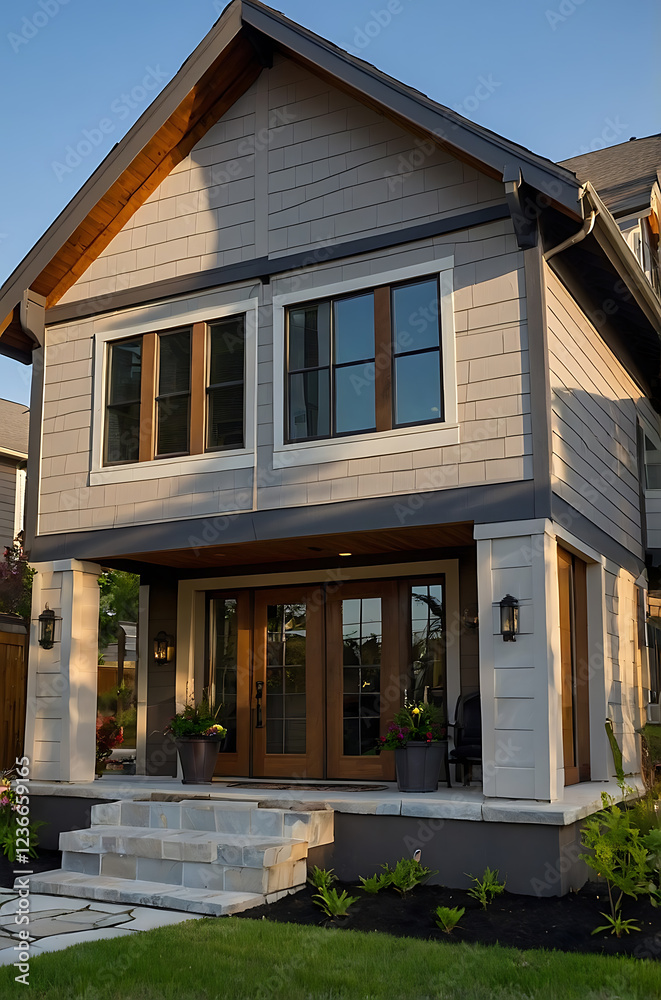 Obraz premium Modern House Exterior: Contemporary Home Design and Architecture. Luxury Real Estate Property with Stunning Facade and Landscaping.