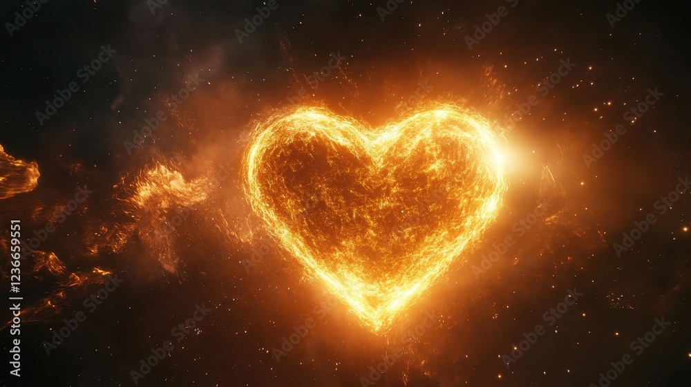 Glowing Heart Shape Fire in Dark Cosmic Space Background Glowing Heart Shape Fire in Dark Cosmic Space Background