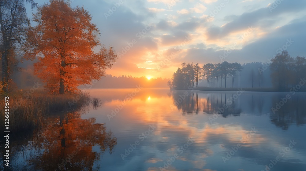 Autumn sunrise lake fog orange tree Autumn sunrise lake fog orange tree