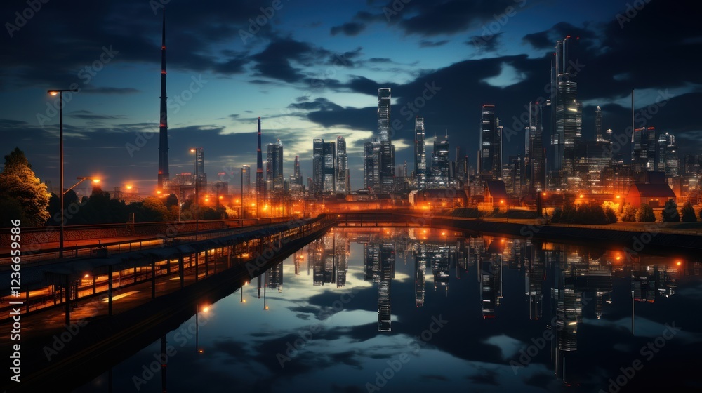 Fototapeta premium Night Cityscape Reflection: Industrial Metropolis at Dusk