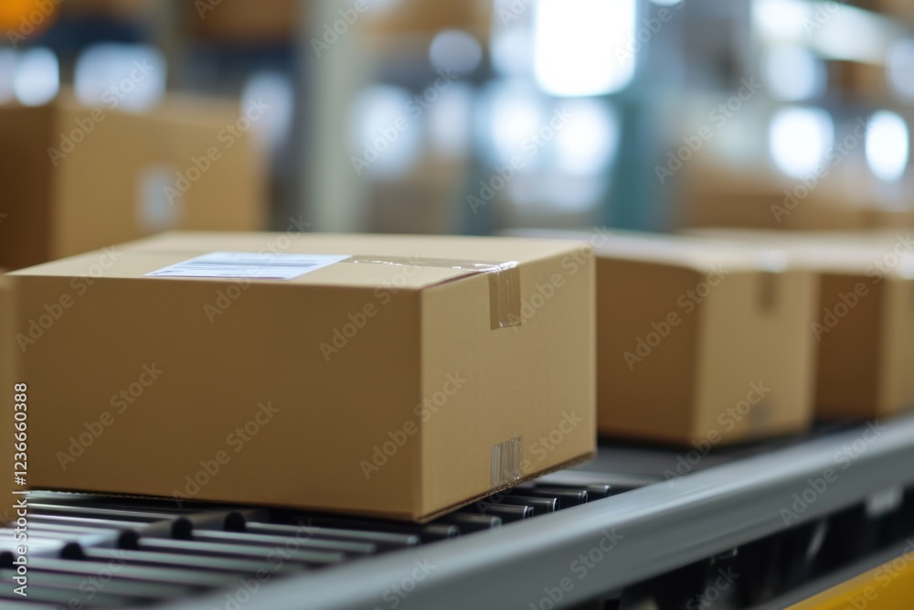 Professional stock photo showcasing e-commerce boxes on a conveyor belt in a modern warehouse setting with sharp details Professional stock photo showcasing e-commerce boxes on a conveyor belt in a modern warehouse setting with sharp details