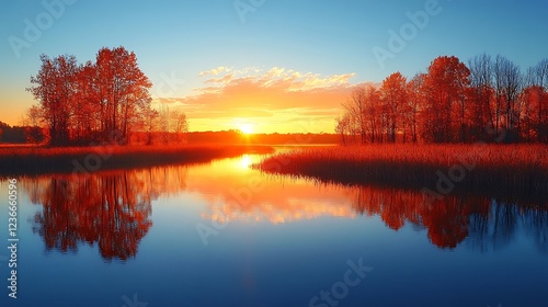 Autumn sunset lake reflection trees photo