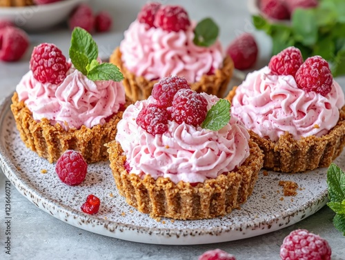 Wallpaper Mural Delicious Raspberry Cream Tartlets with Mint Garnish on Rustic Plate Torontodigital.ca