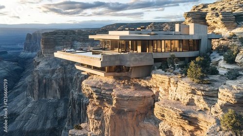 Cliffside offgrid house overlooking dramatic canyon featuring sharp architectural lines concrete exteriors and infinityedge terraces photo