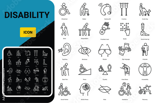 Disability icon set. icons related to disability. Disabled people. Editable stroke. Vector illustration