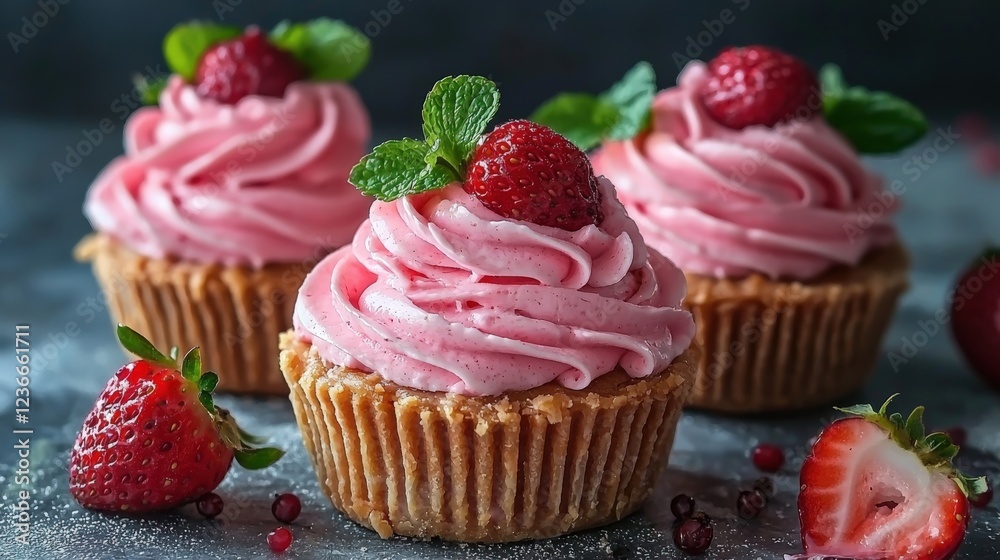 Delicious Strawberry Cupcakes with Creamy Pink Frosting and Berries Delicious Strawberry Cupcakes with Creamy Pink Frosting and Berries