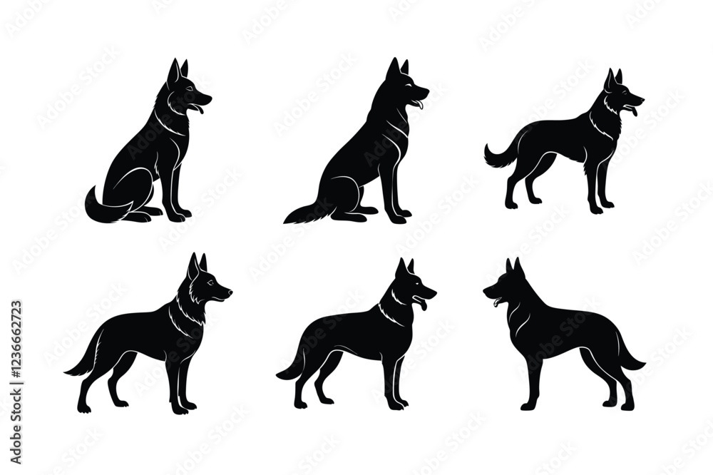 Various German Shepherd silhouettes in black isolated on white Various German Shepherd silhouettes in black isolated on white