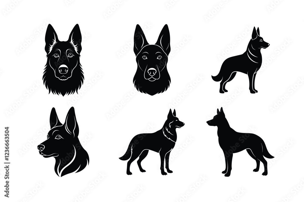German Shepherd silhouette set with various poses on white German Shepherd silhouette set with various poses on white
