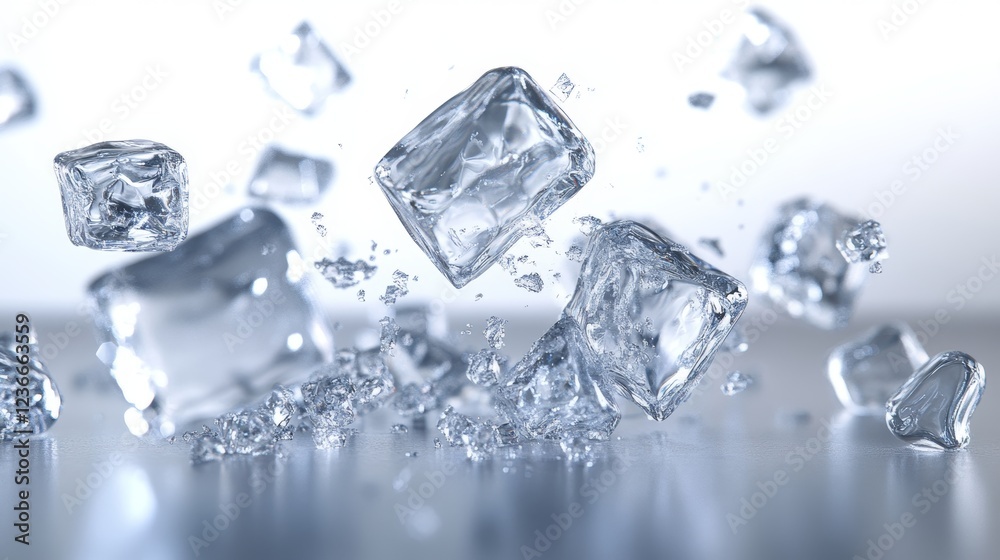 Falling ice cube, isolated on transparent background, selective focus. Flying ice cubes with blur effect . Realistic 3d vector illustration
