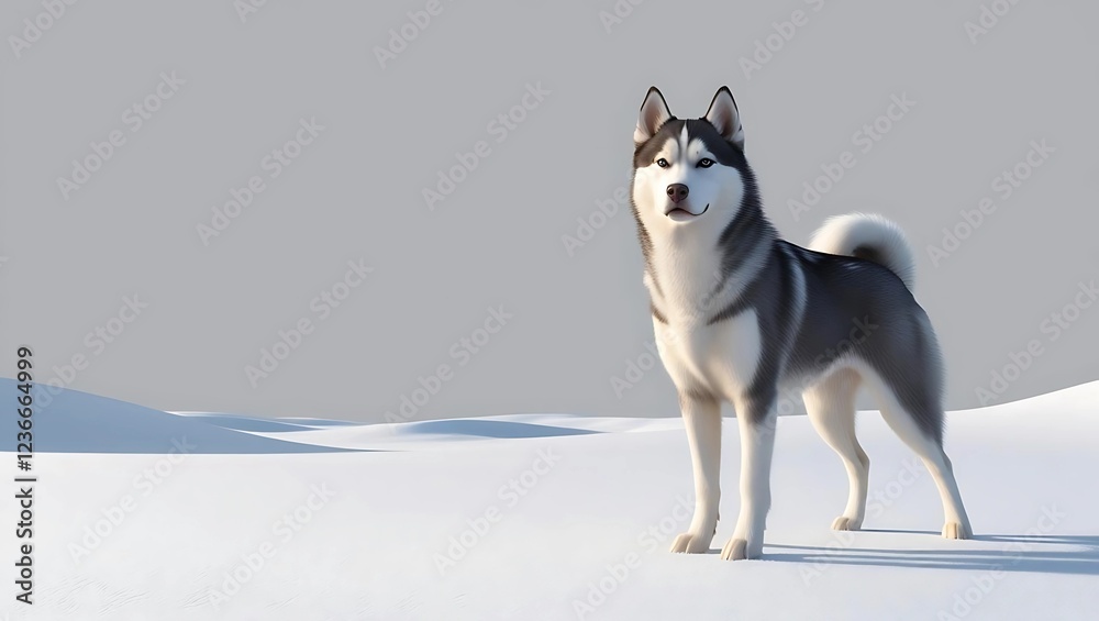Fototapeta premium Siberian Husky Standing on Snow-Covered Ground with Gray Sky, Minimalist Winter Landscape and Natural Light 