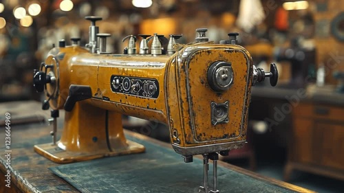 Vintage sewing machine on a wooden table in a bustling workshop