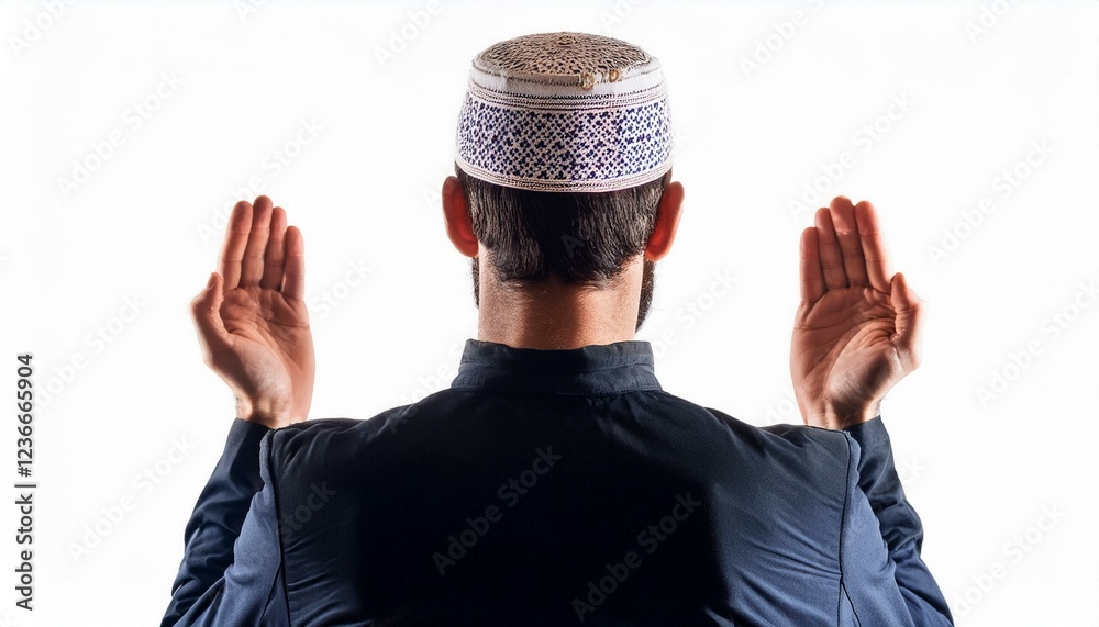 Naklejka premium Back view of young muslim man praying. Concept of praying for blessing from God. Praying hands 