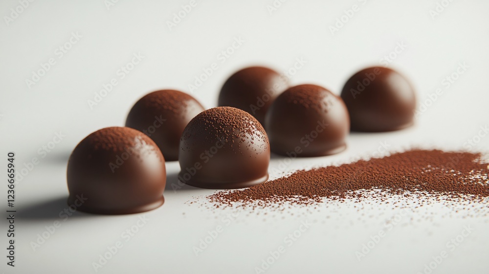 Minimalist milk chocolate truffle arrangement with a dusting of cocoa powder, placed on a clean, matte white surface Minimalist milk chocolate truffle arrangement with a dusting of cocoa powder, placed on a clean, matte white surface
