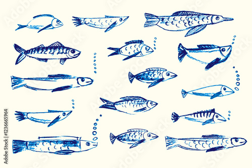 Crayon hand drawn set of various fishes. Doodle shapes. Cute sea pattern. Marine kids school background. Chalk sketch elements on white background. Vector illustrations