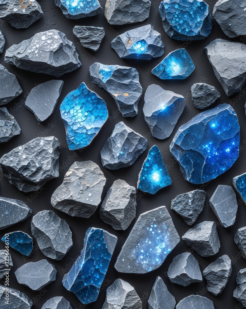 Fototapeta premium Gray and blue stone fragments with shimmering light effects abstract stone rocks nature concept background