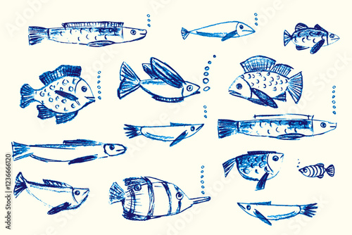 Crayon hand drawn set of various fishes. Doodle shapes. Cute sea pattern. Marine kids school background. Chalk sketch elements on white background. Vector illustrations