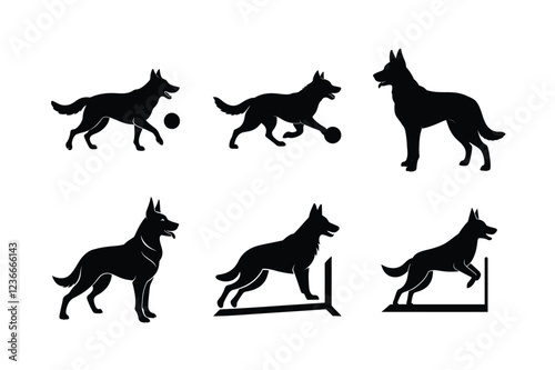 Black German Shepherd silhouette set isolated on white