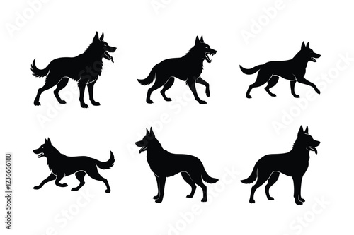 German Shepherd silhouettes in multiple poses on white