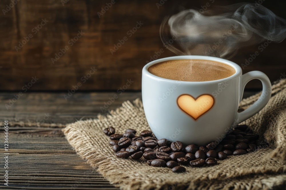 Steaming coffee cup with heart design on rustic wooden background. Steaming coffee cup with heart design on rustic wooden background.