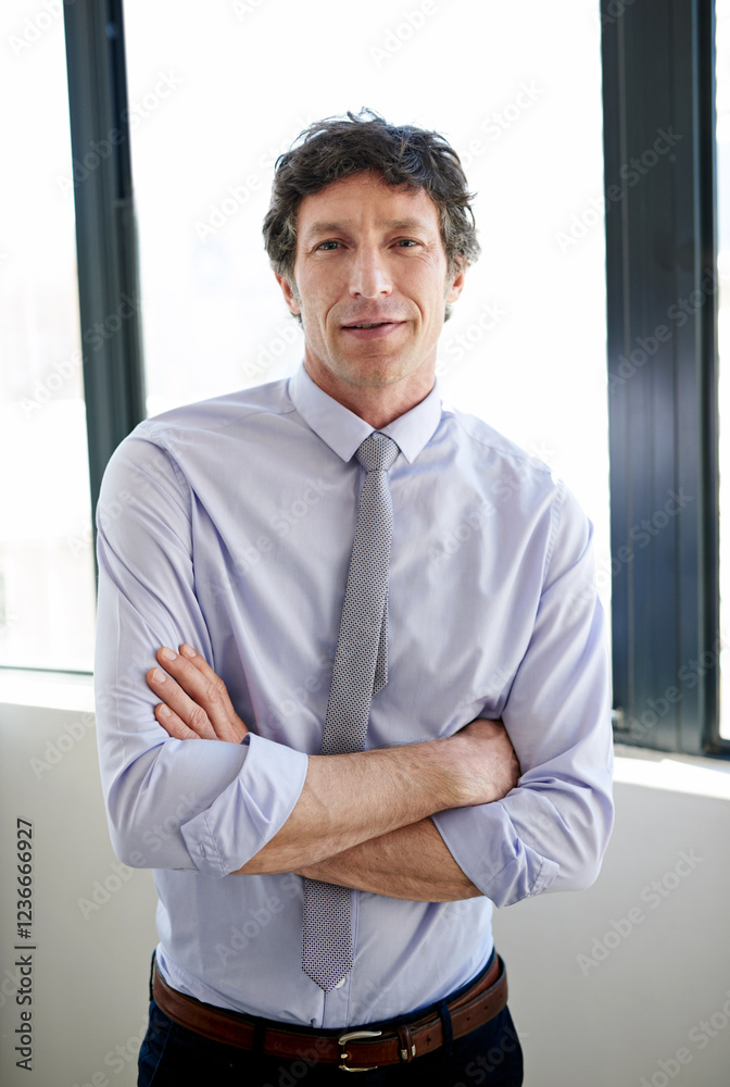 Fototapeta premium Arms crossed, portrait and businessman in office for justice, professional career and lawyer for court. Smile, mature person and attorney with confidence for legal aid, law firm and corporate case