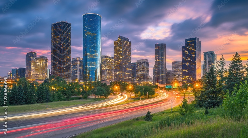 Fototapeta premium Skyline at Dusk: Vibrant Cityscape with Highway Lights