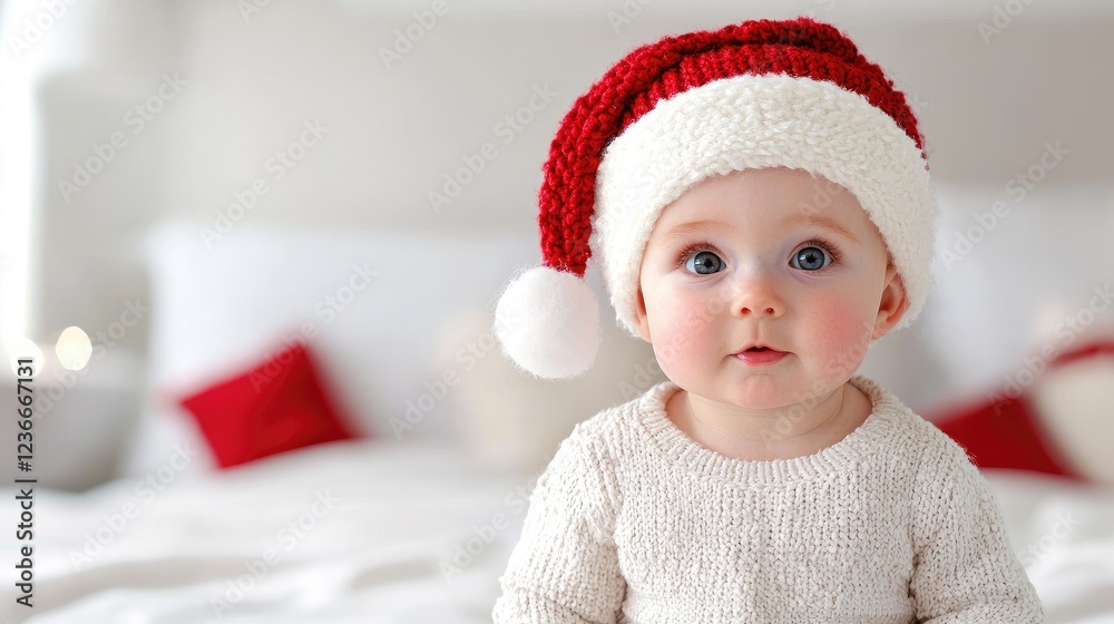 Baby in Santa hat, bedroom, Christmas Baby in Santa hat, bedroom, Christmas
