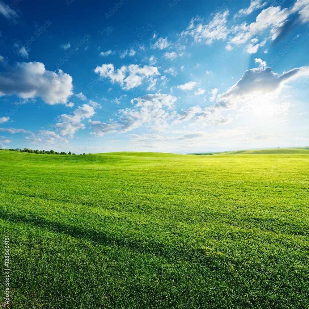 Fototapeta premium Beautiful natural scenic panorama green field of cut grass into and blue sky with clouds on horizon. Perfect green lawn on summer sunny day. 