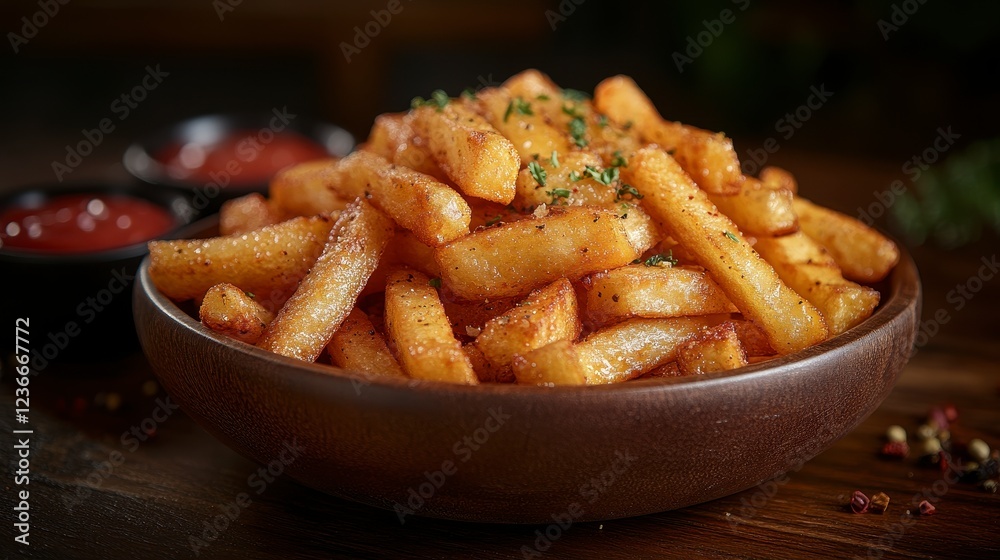 Crispy golden fries in wooden bowl, ketchup, herbs. Food photography for menus Crispy golden fries in wooden bowl, ketchup, herbs. Food photography for menus