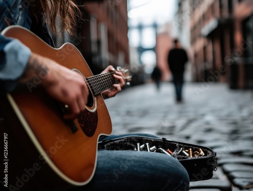 Musician Playing Acoustic Guitar on Cobblestone Street in Urban Environment with Passersby photo