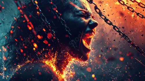 A woman is screaming in a fiery scene with chains around her face