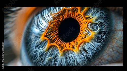 Close-up view of a human eye with vibrant orange and blue patterns, showcasing intricate details and textures