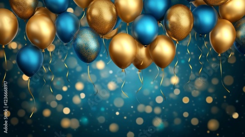 Wallpaper Mural Background with blue and gold balloons, birthday party background, birthday decoration, blue and golden color, bright light, realistic, detailed, high-definition. Torontodigital.ca