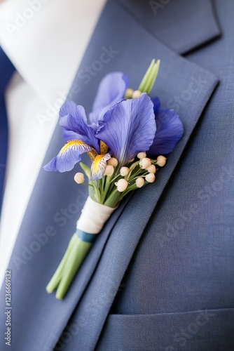 Groom’s boutonniere with iris and lily of the valley on a blue suit photo