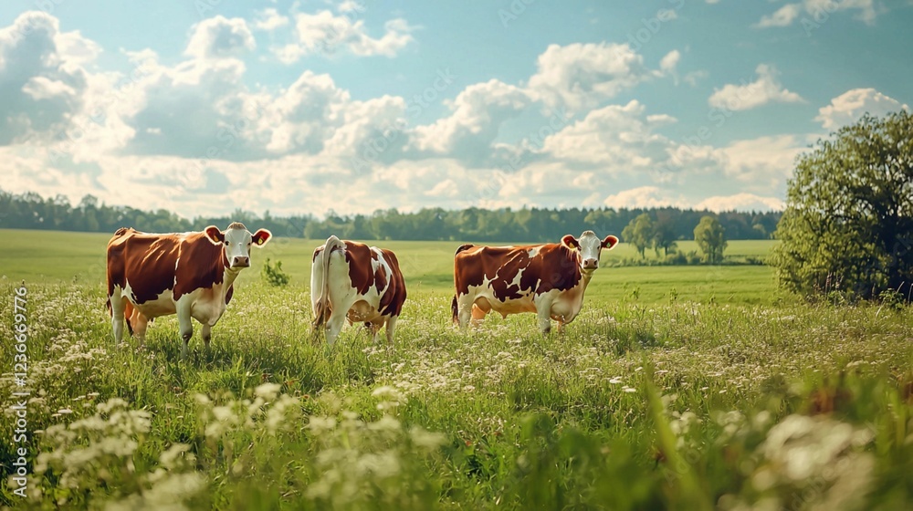 Three Brown and White Cows Grazing in Lush Green Meadow under a Blue Sky with Fluffy White Clouds in a Rural Landscape Setting Three Brown and White Cows Grazing in Lush Green Meadow under a Blue Sky with Fluffy White Clouds in a Rural Landscape Setting