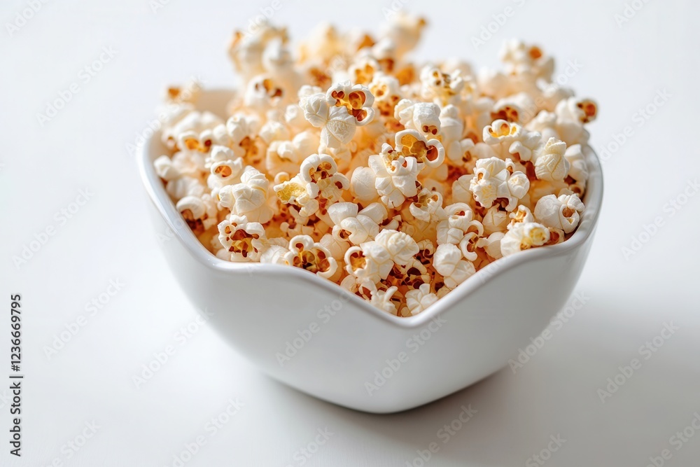 A white background with an isolated white heart-shaped dish of fresh popcorn. Generative Ai A white background with an isolated white heart-shaped dish of fresh popcorn. Generative Ai