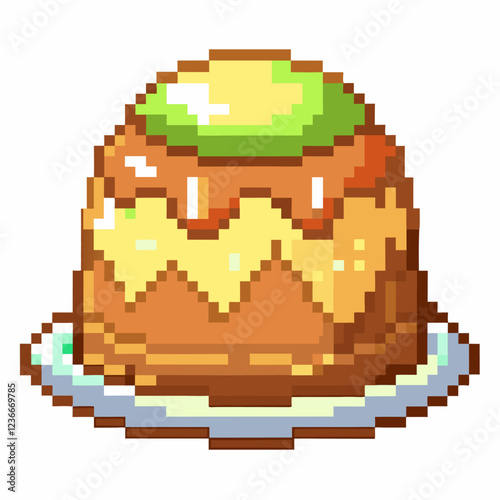 Pixel Art Dessert   Retro Pixelated Cake with Icing and Plate