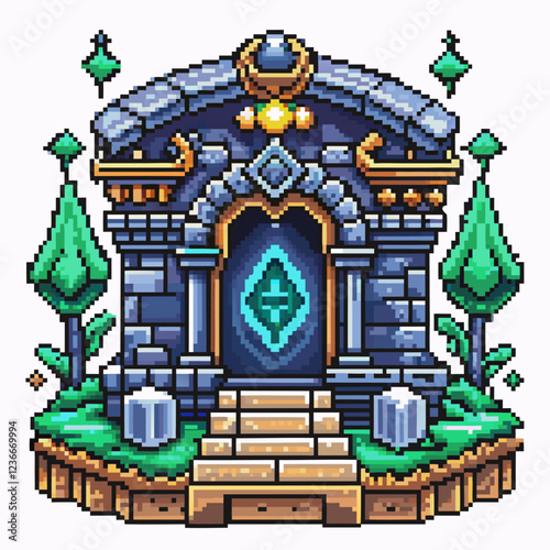Pixel Art Enchanted Fantasy Stone Temple with Glowing Gem Door and Greenery