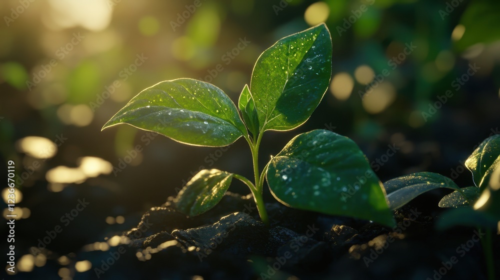 A green sprout growing on a fertile garden bed with the sunlight casting soft shadows and glistening dew on the leaves. A green sprout growing on a fertile garden bed with the sunlight casting soft shadows and glistening dew on the leaves.