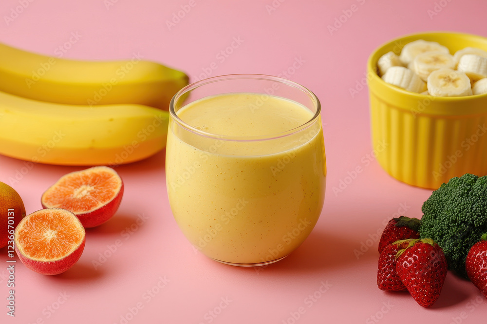 Fresh fruit smoothie preparation featuring bananas, strawberries, and oranges for a healthy breakfast or snack Fresh fruit smoothie preparation featuring bananas, strawberries, and oranges for a healthy breakfast or snack