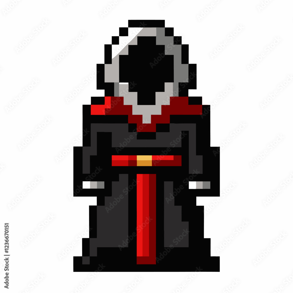 Pixel Art Hooded Figure in Black Robe with Red Trim on White Background Pixel Art Hooded Figure in Black Robe with Red Trim on White Background