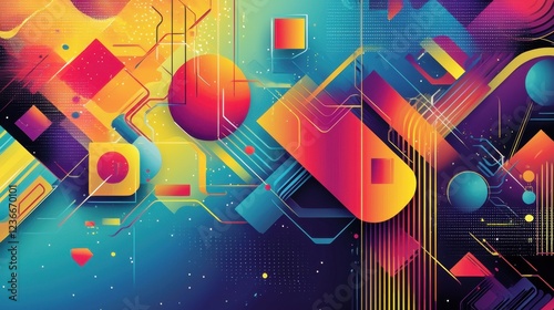 A colorful abstract painting with many shapes and lines