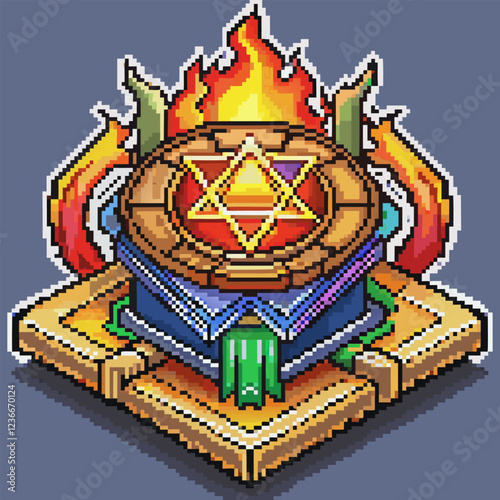 Pixel Art Magic Book with Fiery Rune and Glowing Symbols on Spellbound Altar