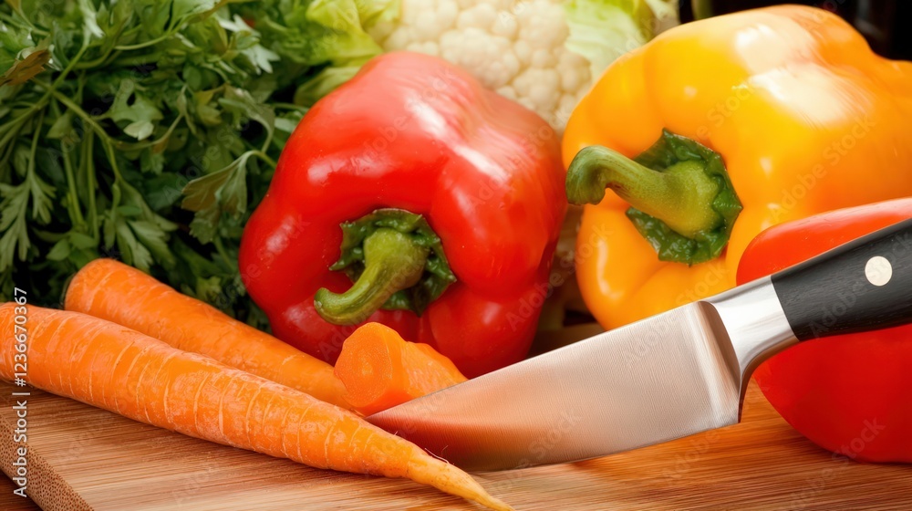 Freshly Sliced Colorful Bell Peppers and Carrots with Kitchen Knife on Wooden Cutting Board Freshly Sliced Colorful Bell Peppers and Carrots with Kitchen Knife on Wooden Cutting Board