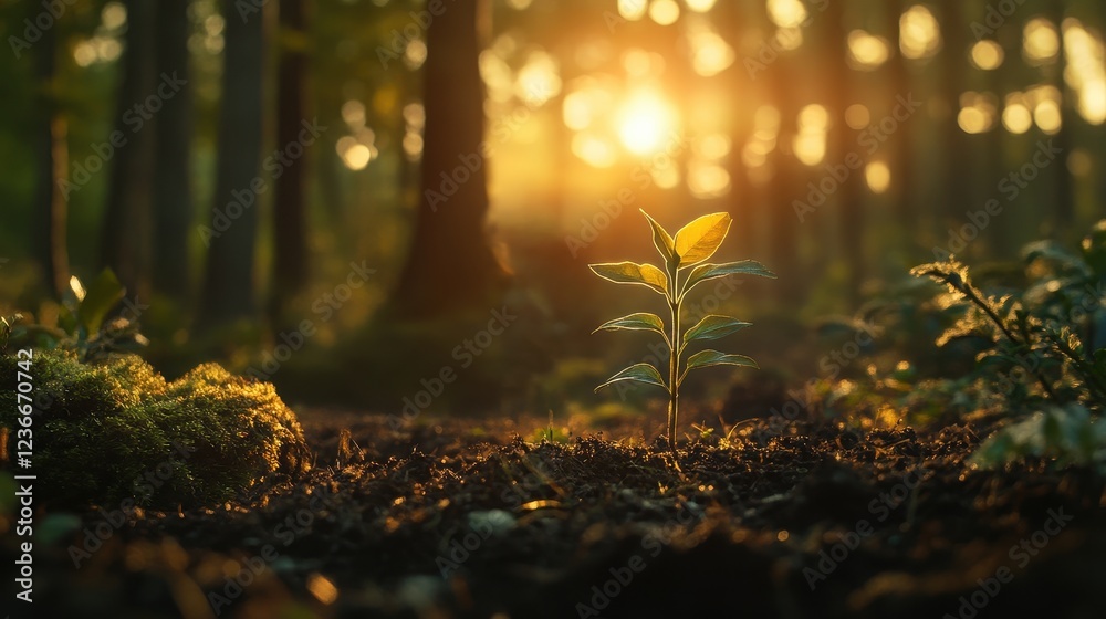 Obraz premium A young green plant emerging from the soil, illuminated by soft golden sunlight in a serene forest setting.
