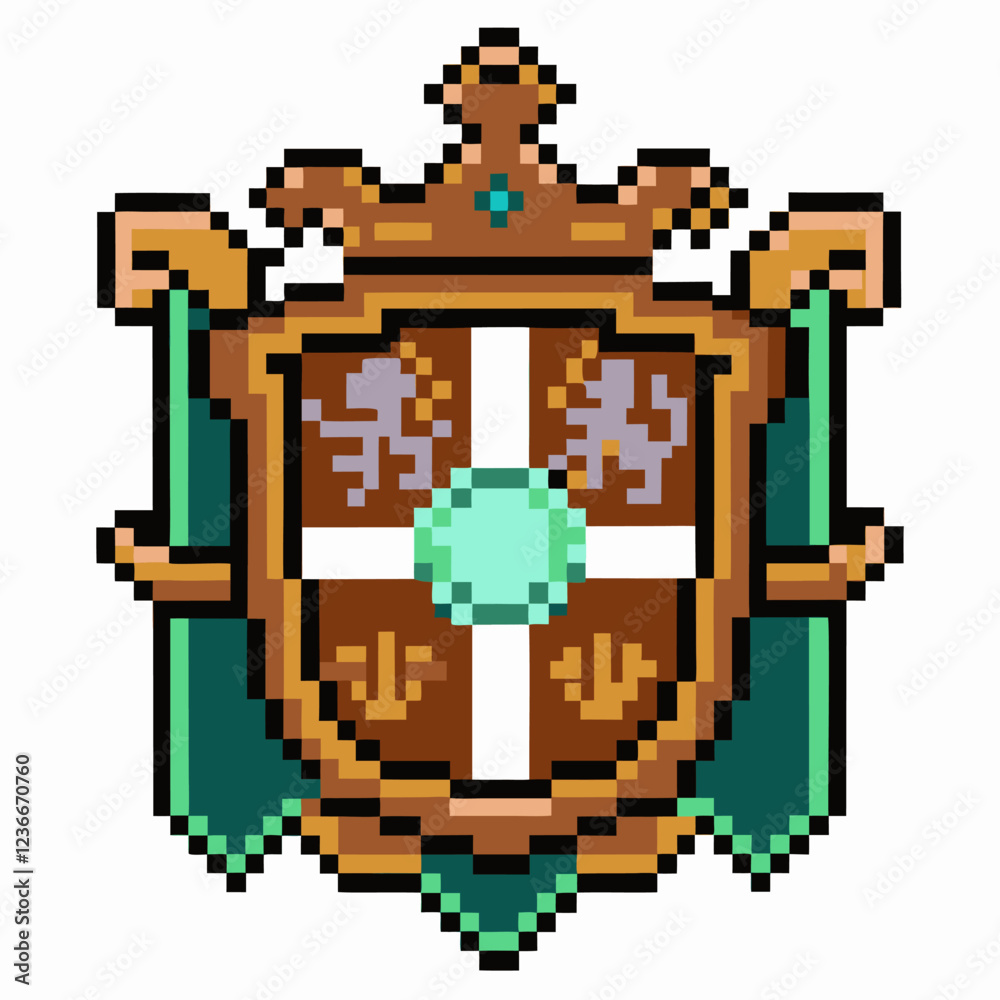Pixel art heraldic crest with shield, medieval fantasy emblem, retro style, digital illustration Pixel art heraldic crest with shield, medieval fantasy emblem, retro style, digital illustration