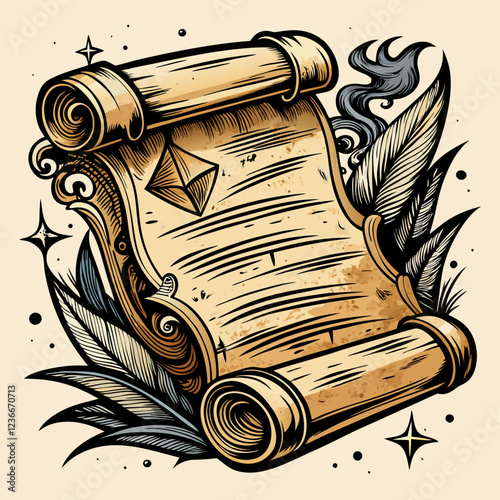 Ancient parchment scroll with mystical symbols and feathers, vintage illustration, fantasy art, magical design