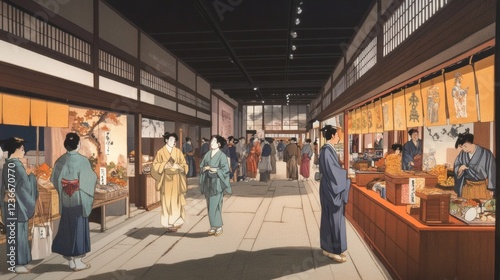 Traditional Japanese Market Scene Ukiyo-e Style Illustration of Edo-era Marketplace