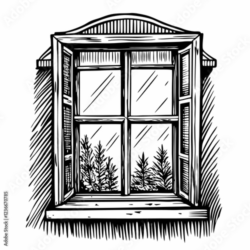 Vintage wooden window frame with shutters open, rustic design, black and white illustration, nature view